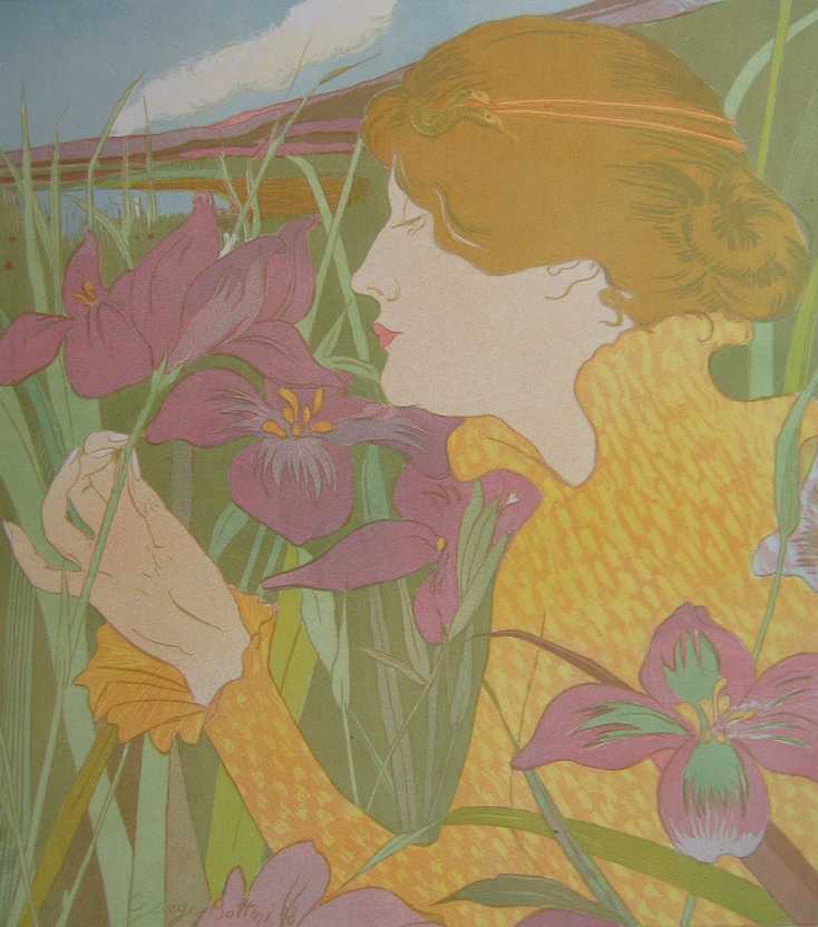 George Bottini, (1874-1907) French, "La Femme aux iris (Southard 28)", 1898, Color lithograph of a woman in a patterned yellow dress smelling an iris in muted colors