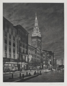Pinnacle (edition), 2018. Frederick Mershimer (American, b. 1958). Mezzotint; sheet: 38.1 x 47.6 cm (15 x 18 3/4 in.) This mezzotint captures several Cleveland landmarks, including Terminal Tower, the Soldiers’ and Sailors’ Monument, and the historic 5th Street arcades.