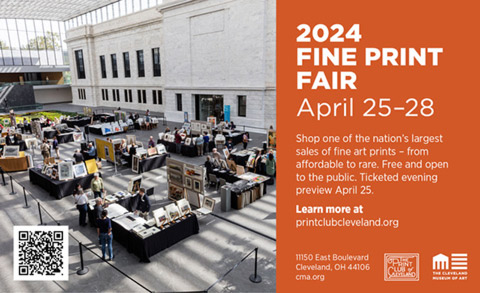 2024 Fine Print Fair ad. A photo of the Print Fair in the Cleveland Museum of Art atrium and information for this year's fair