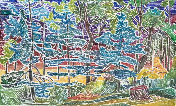 Nancy Friese Golden Hour Raffle 2026 Golden Hour is a colorful white line watercolor woodblock monoprint by Nancy Friese depicting a woodland scene