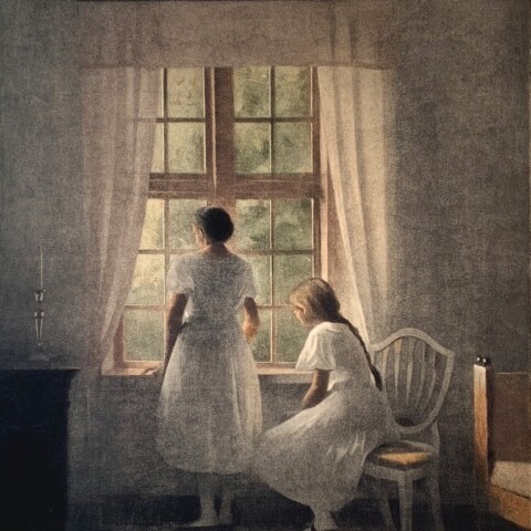 Peter Vilhelm Ilstead - "Two Young Girls at a Window", 1924 Mezzotint printed in colors