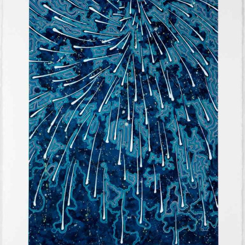 Barbara Takenaga, Falling (blue concentrate), 2017 Five plate aquatint etching with soap ground and hand painting by the artist on white Somerset Satin paper