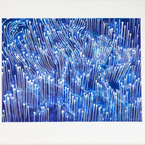 Barbara Takenaga, Rising (two blues), 2021 Three plate aquatint etching with soap ground and spite bite