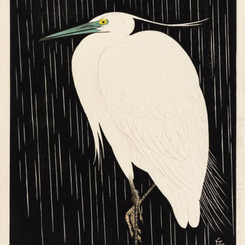 GAKUSUI Ide (Japanese, 1899-1982): White Heron in the Rain
Woodblock print (color woodcut), with embossing throughout the feathers, on Japan paper, circa 1950.
First edition, published by Watanabe. With the signature in the block and with the red seal. Sheet size: 15 ½ x 10 ¼ inches. GAKUSUI Ide (Japanese, 1899-1982) - White Heron in the Rain, Woodblock print (color woodcut), with embossing throughout the feathers, on Japan paper, circa 1950