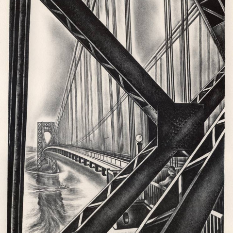 Howard Cook, American (1901-1980), George Washington Bridge, with B, lithograph, 1931. This lithograph was completed the year that the construction of the bridge was finished. "B", depicted in the lower right, is Cook's wife and fellow artist Barbara Latham Howard Cook, American (1901-1980), George Washington Bridge, with B, lithograph, 1931. This lithograph was completed the year that the construction of the bridge was finished. "B", depicted in the lower right, is Cook's wife and fellow artist Barbara Latham