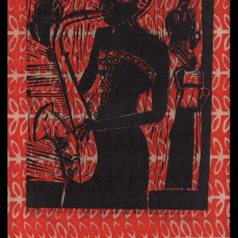 Dindga McCannon Saxophonist 2022, linocut 20 x 12 1/2"