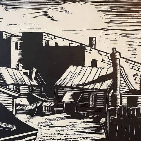 William E. Smith, “Leaning Chimneys,” linoleum cut, 1939 William E. Smith, “Leaning Chimneys,” linoleum cut, 1939