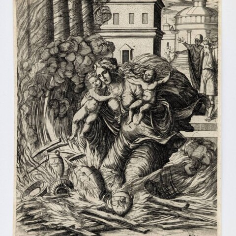 Hasdrubal’s Wife Throws Herself into the Burning Temple by Pierre Woeiriot - etching ca. 1555–6