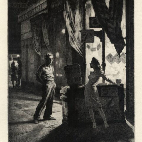 Martin Lewis, Chance Meeting, drypoint, 1940-41